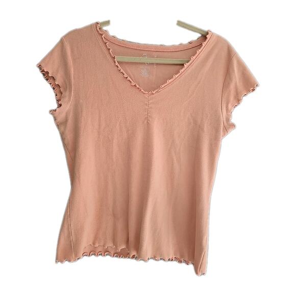 Y2K Pink V-Neck Ribbed Coquette Cap Sleeve Preppy Babydoll Top Womans Size XL - Picture 1 of 4